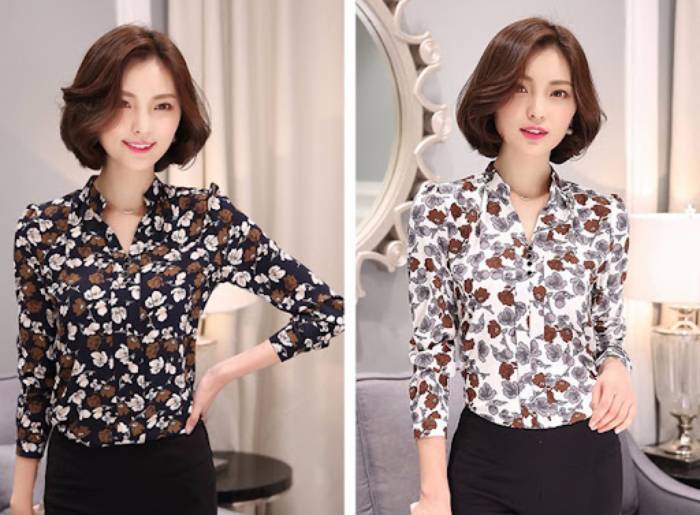 Mẫu áo sơ mi họa tiết cho nữ cổ trụ quý phái