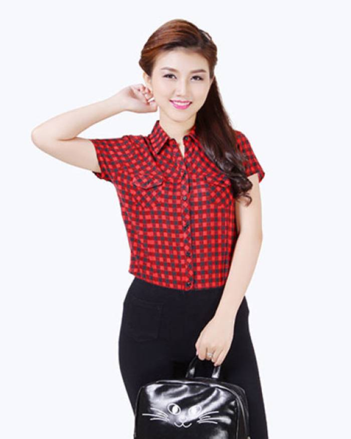 Áo sơ mi nữ ngắn tay kẻ caro đỏ đen năng động