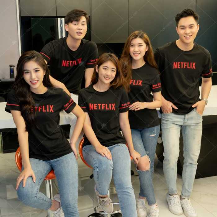 Mẫu áo đồng phục Netflix màu đen phối đỏ chất