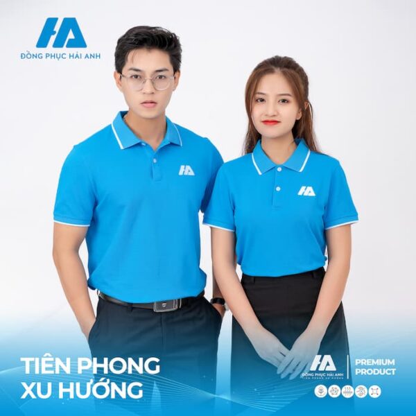 Thời trang áo polo đồng phục xanh trơn viền cổ trắng- Đồng phục doanh nghiệp Hải Anh