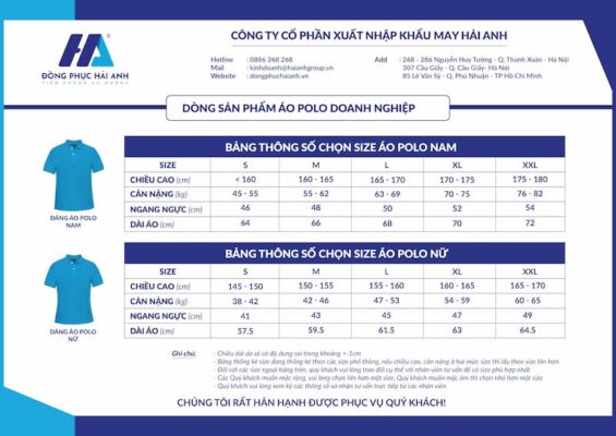 Bảng size áo đồng phục Polo nam nữ - Đồng phục doanh nghiệp Hải Anh